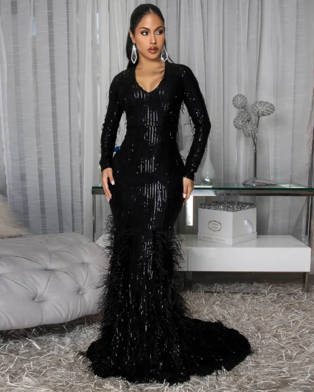 Bahare Black Sequins Feather Accent Gown sold by Chic Couture