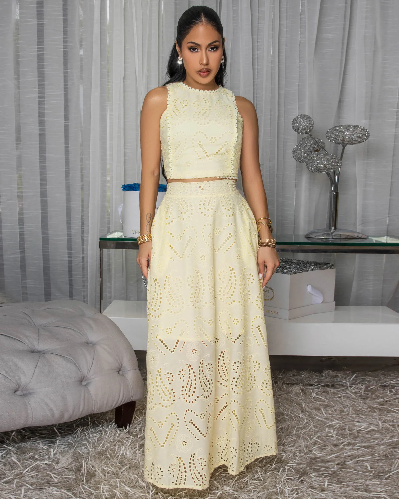 Isalie Yellow Eyelet Top & Skirt Set sold by Chic Couture product image thumbnail 3