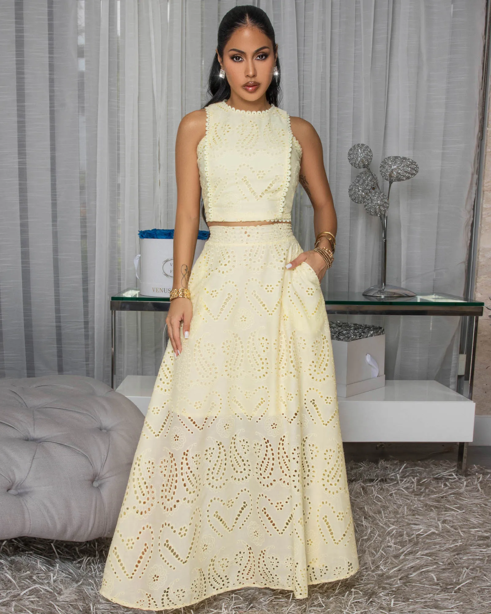 Isalie Yellow Eyelet Top & Skirt Set sold by Chic Couture product image thumbnail 2