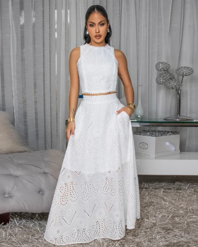 Isalie White Eyelet Top & Skirt Set sold by Chic Couture