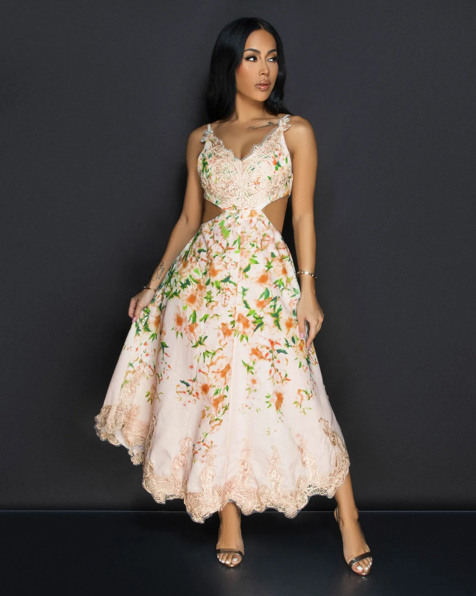 *Aranna Beige Floral Cut Out Midi Dress sold by Chic Couture