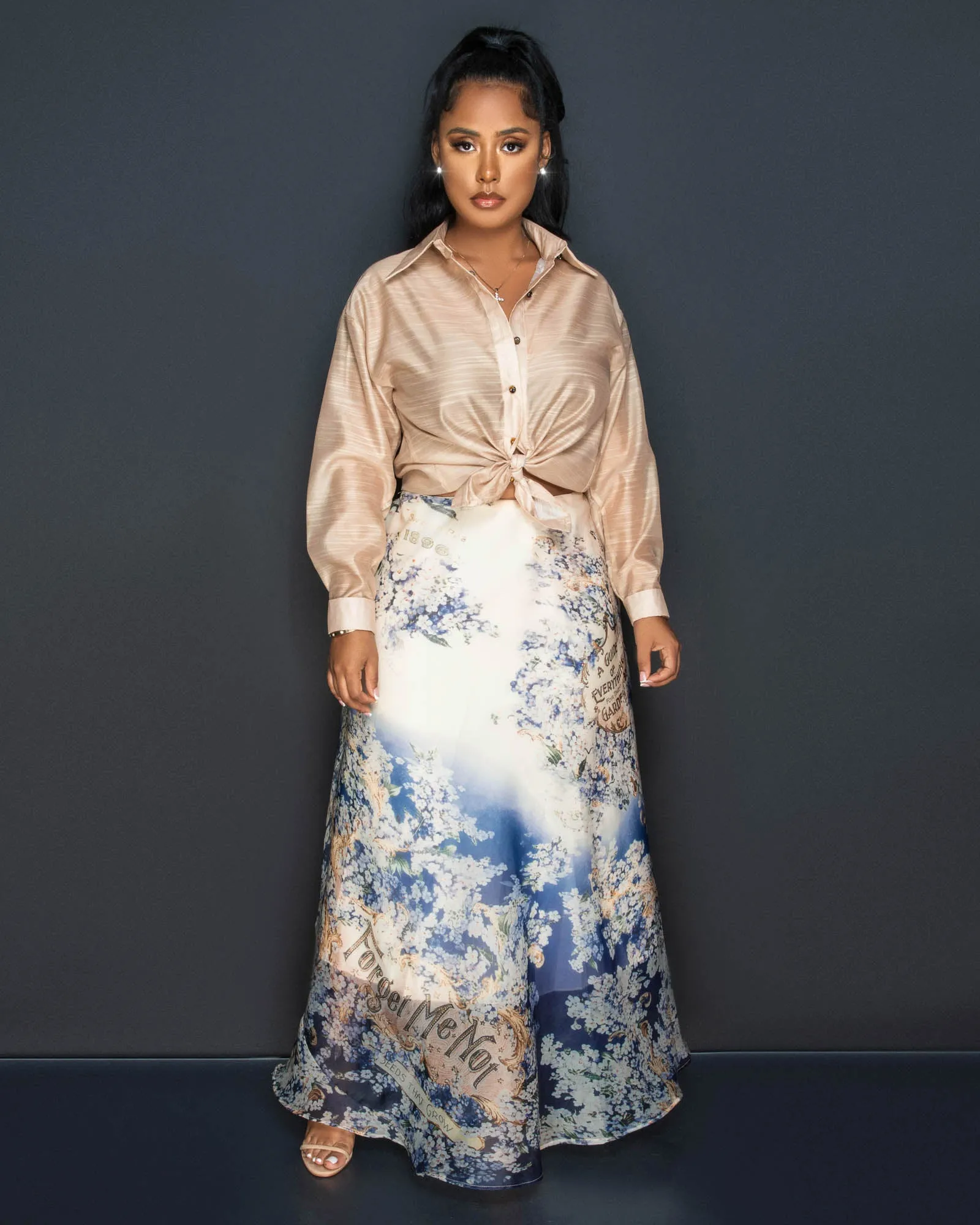 *Gardens Nude Buttoned Short & Blue Print Maxi Skirt Set sold by Chic Couture