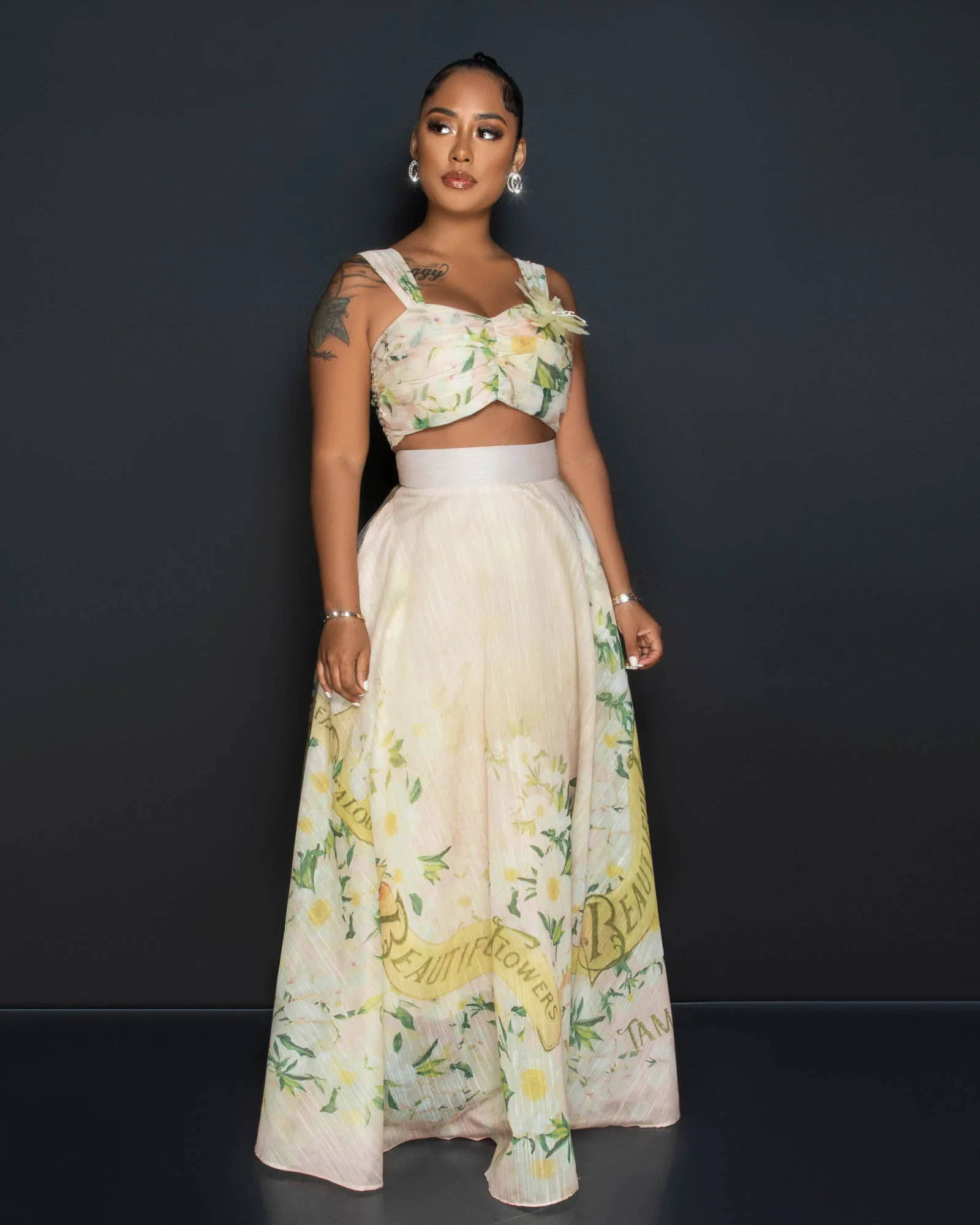 *Lonnieh Beige Floral Print Crop Top & Maxi Skirt Set sold by Chic Couture
