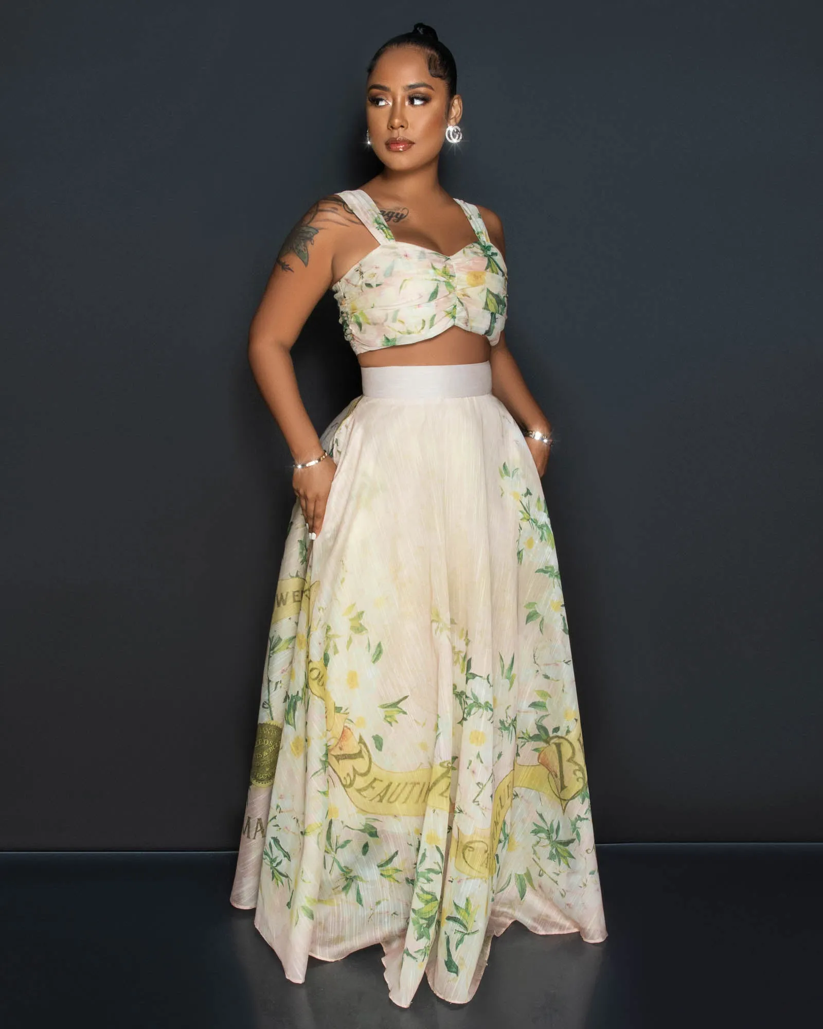 *Lonnieh Beige Floral Print Crop Top & Maxi Skirt Set sold by Chic Couture product image thumbnail 3