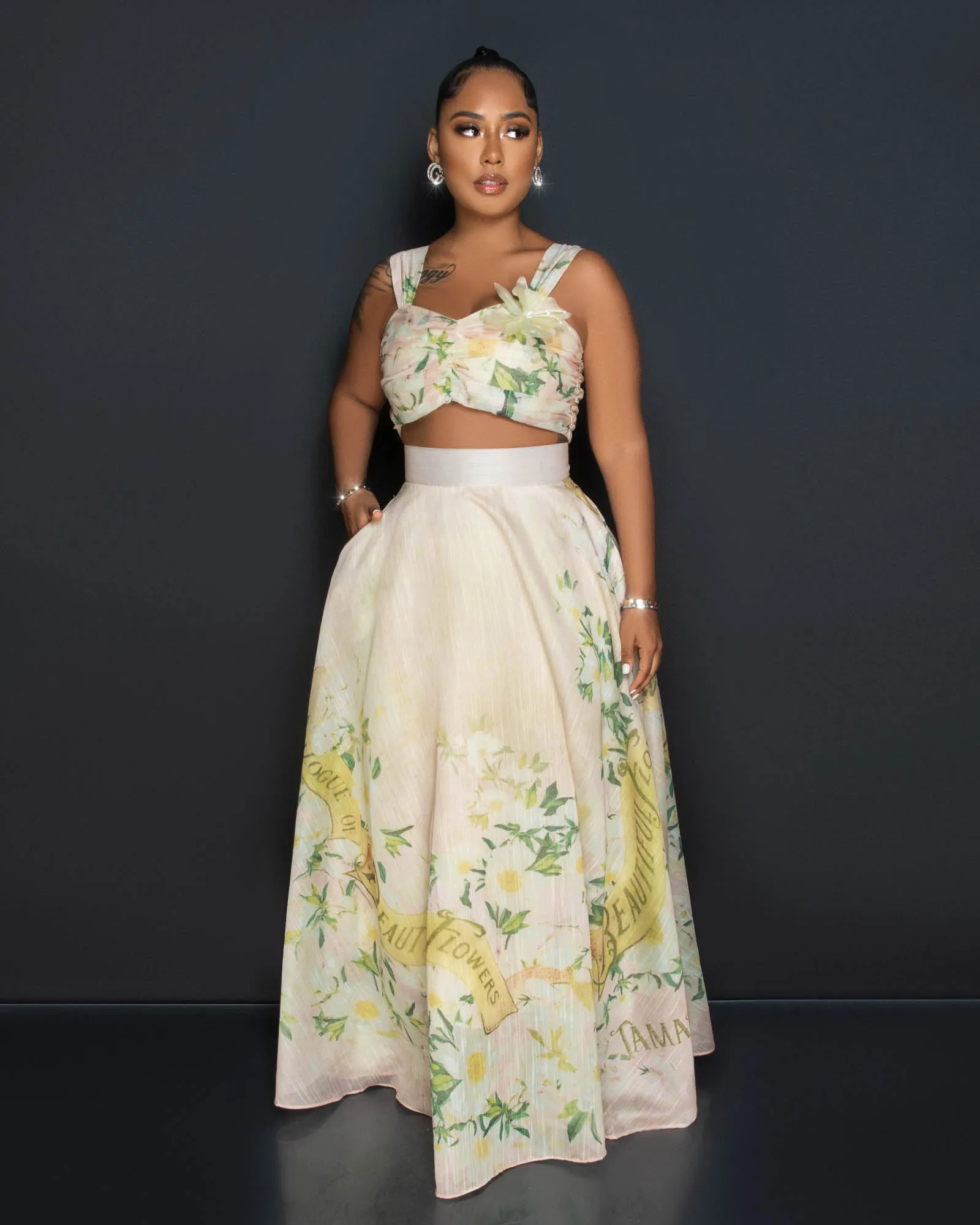 *Lonnieh Beige Floral Print Crop Top & Maxi Skirt Set sold by Chic Couture product image thumbnail 2