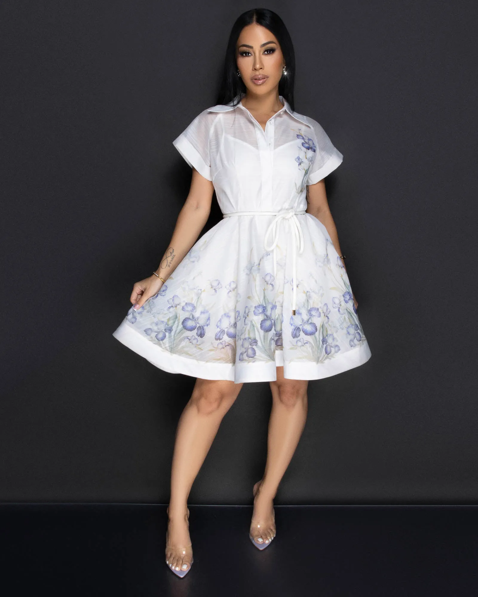 *Izunnia White Lilac Floral Print Belted Dress sold by Chic Couture