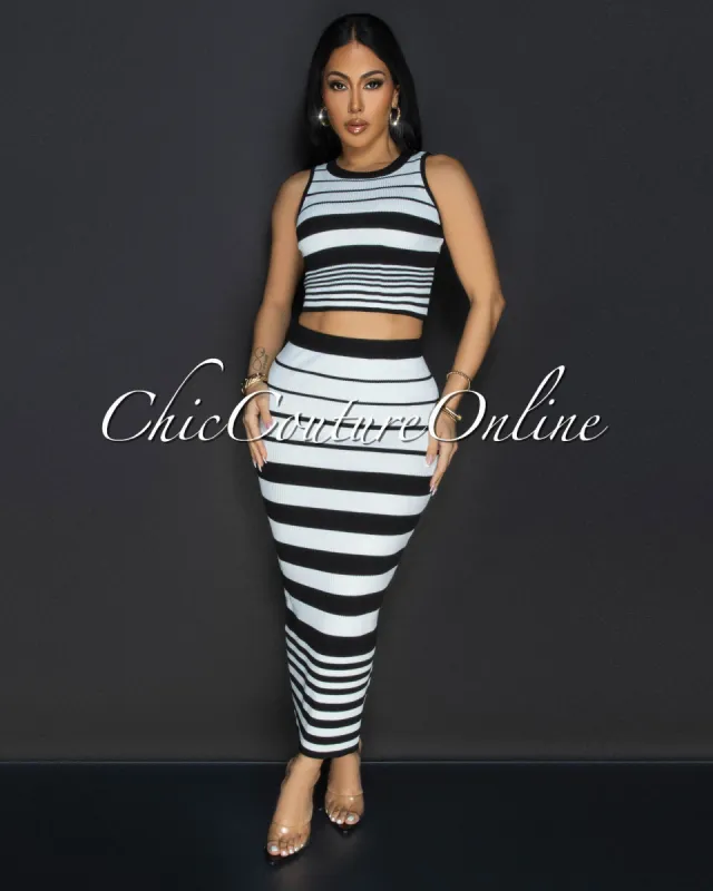Evaline White Black Stripes Top & Midi Skirt Set sold by Chic Couture