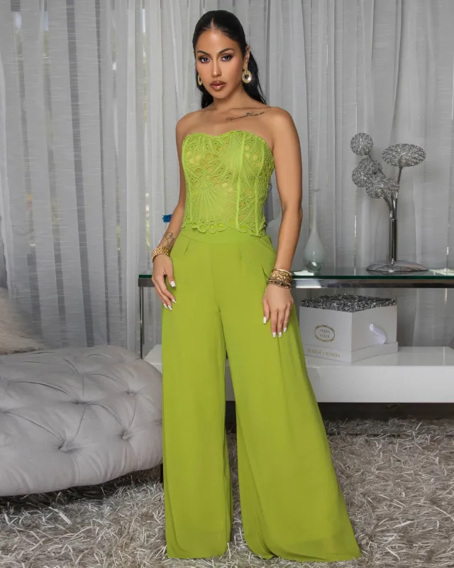 Miraflores Lime Corset Top & Pants Set sold by Chic Couture