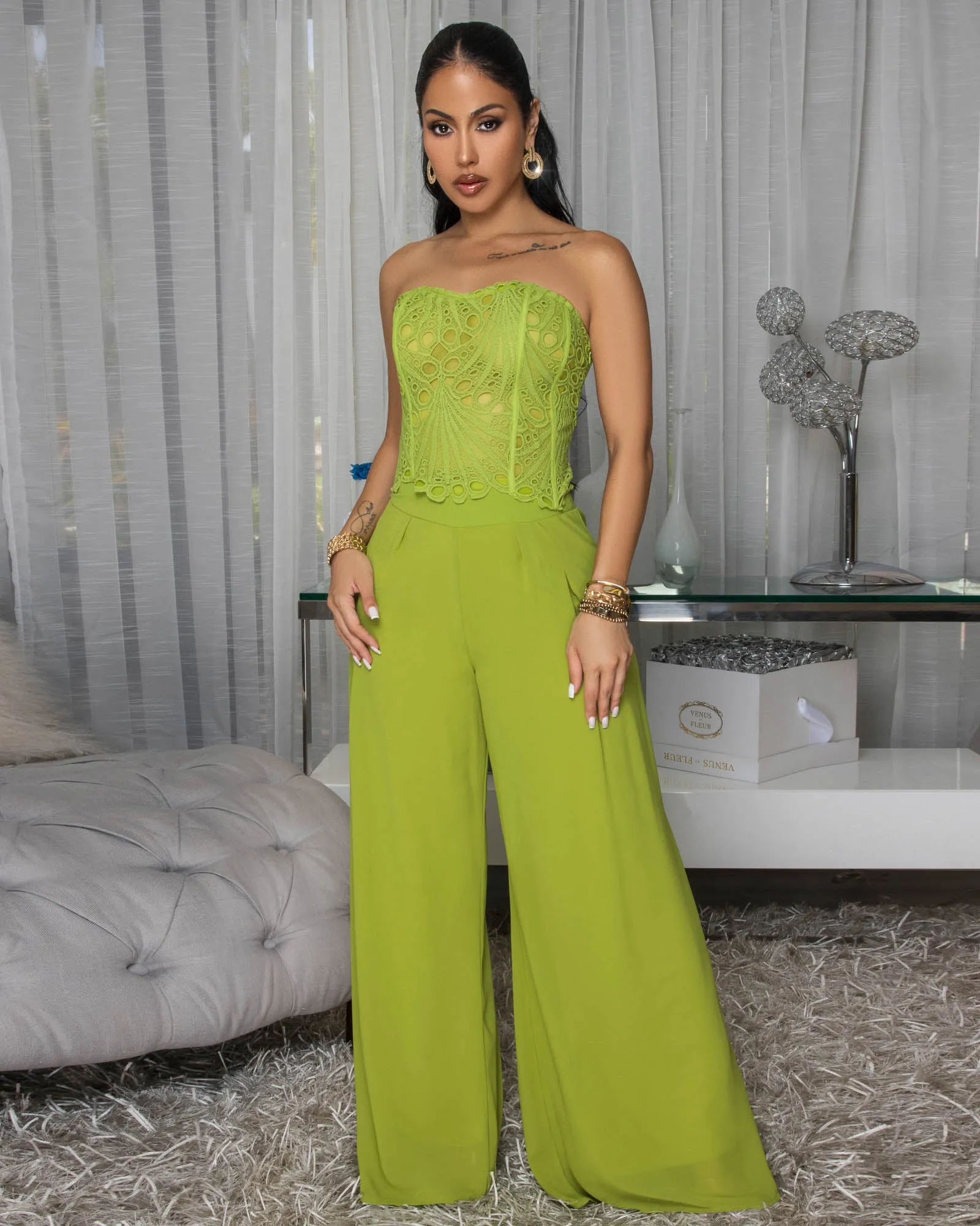 Miraflores Lime Corset Top & Pants Set sold by Chic Couture