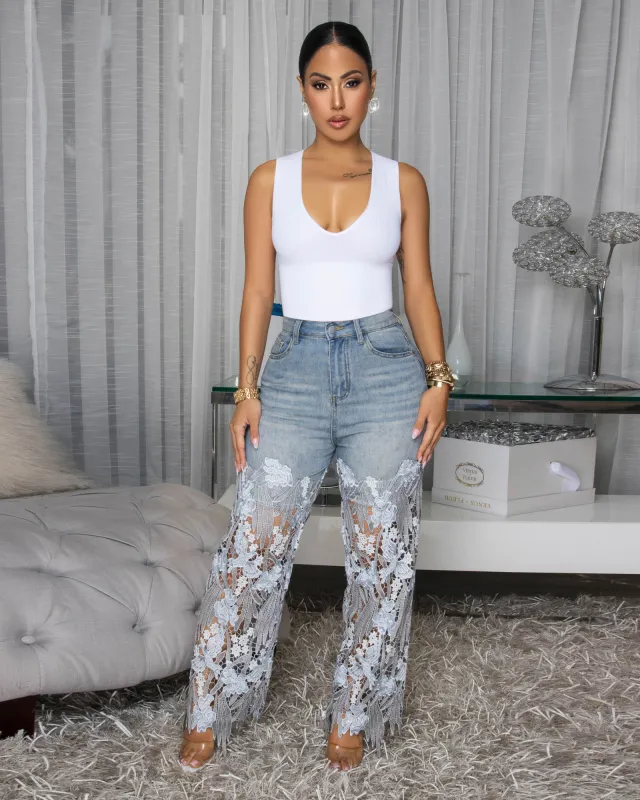 Quincy Light Blue Denim Embroidery Legs Jeans sold by Chic Couture