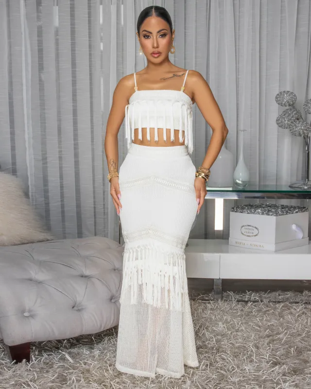 Avaya Ivory Tassel Crop Top & Skirt Set sold by Chic Couture