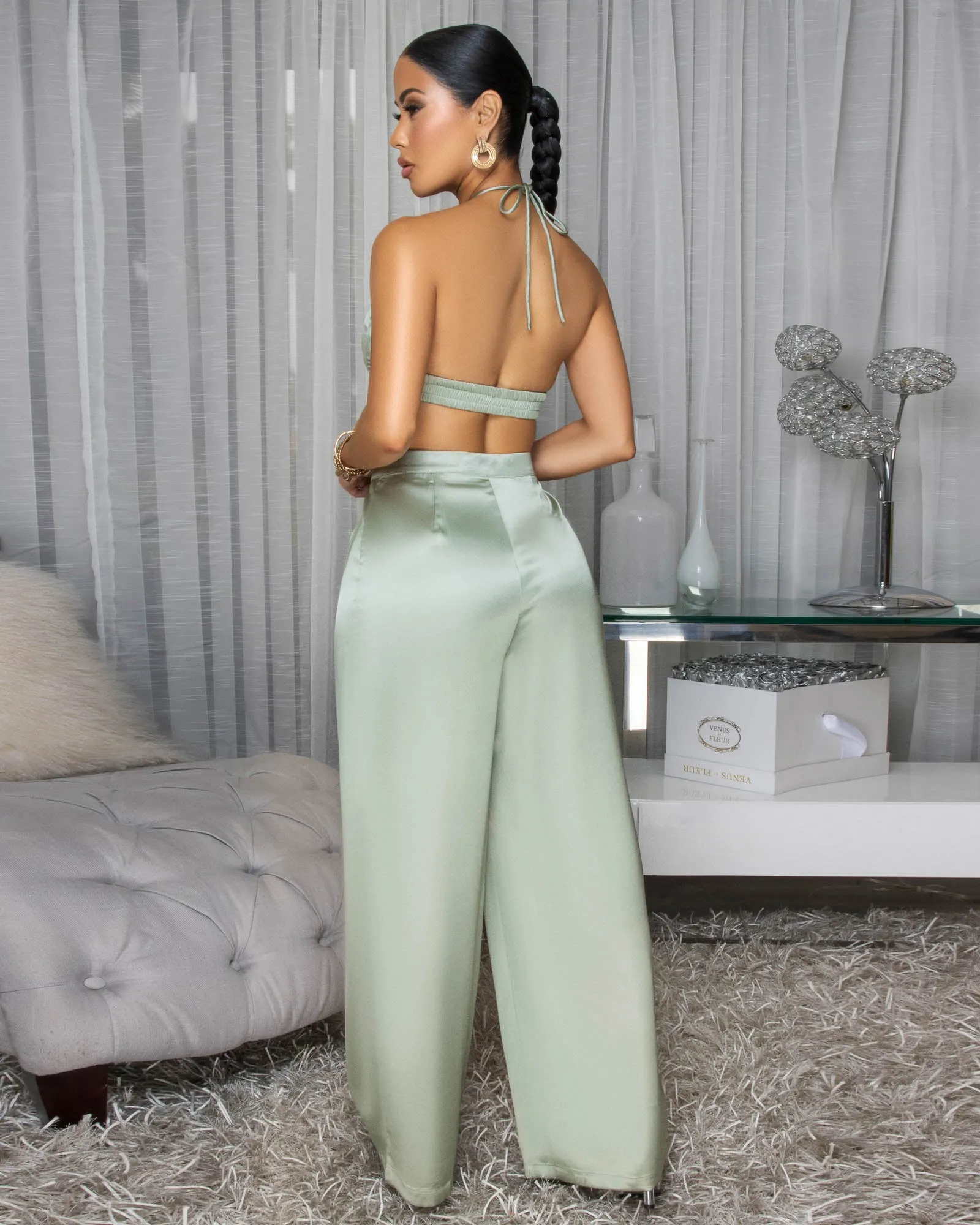 Kelda Sage Halter Silk Two Piece Pants Set sold by Chic Couture product image thumbnail 4