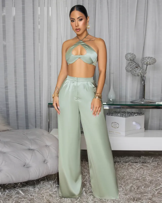 Kelda Sage Halter Silk Two Piece Pants Set sold by Chic Couture