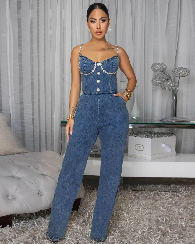 Maranta Blue Acid Wash Denim Rhinestone Jumpsuit sold by Chic Couture