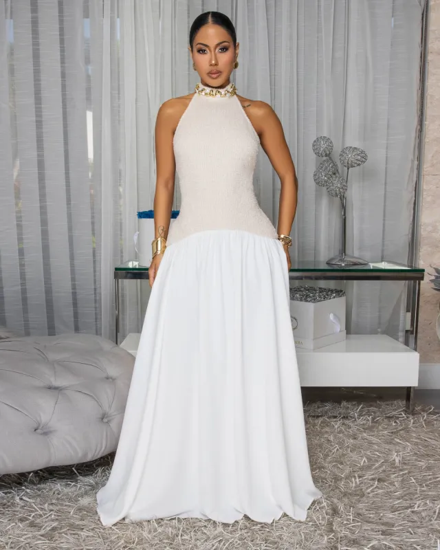 Andrina Nude Ivory Halter Maxi Dress sold by Chic Couture