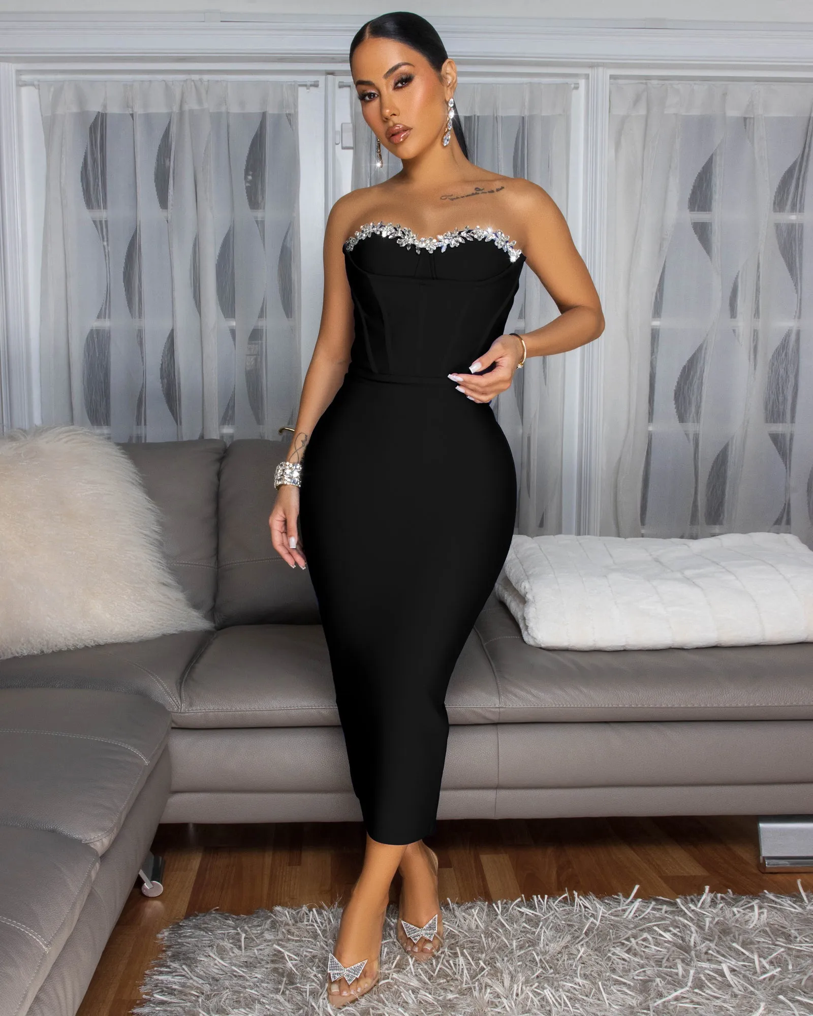 Orellia Black Rhinestones Bust Midi Bandage Dress sold by Chic Couture