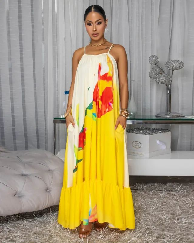Solstice Yellow Multi-Color Floral Print Maxi Dress sold by Chic Couture