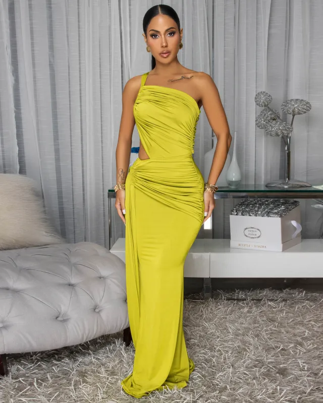Freida Chartreuse Ruched Cut-Out Maxi Dress sold by Chic Couture