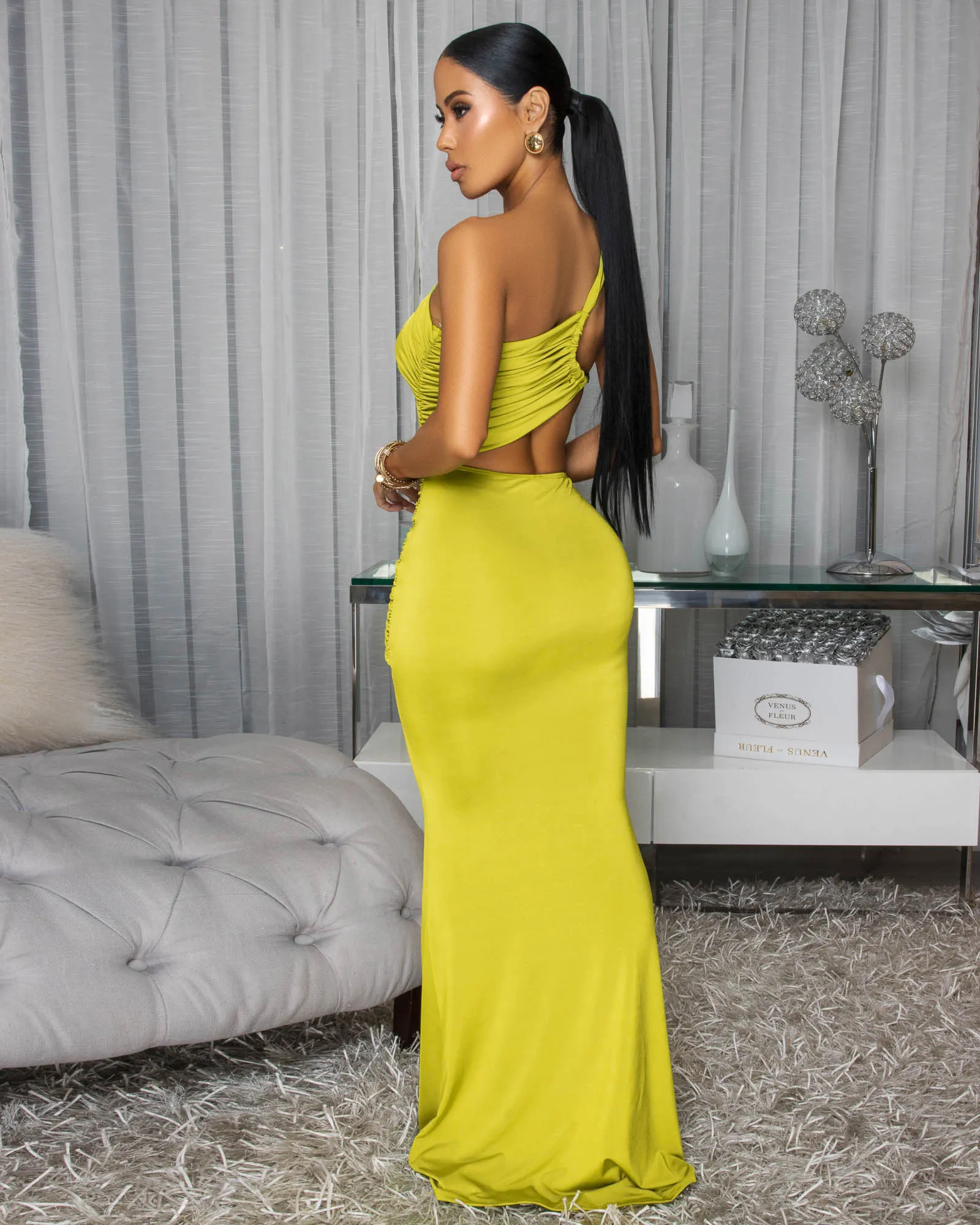 Freida Chartreuse Ruched Cut-Out Maxi Dress sold by Chic Couture product image thumbnail 4