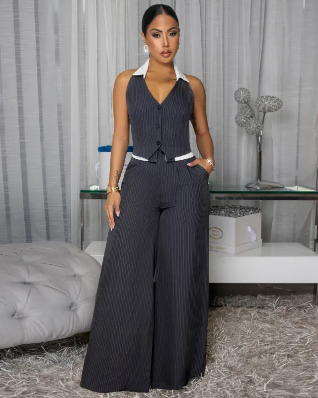Blaire Charcoal Grey Stripes Vest & Pants Set sold by Chic Couture