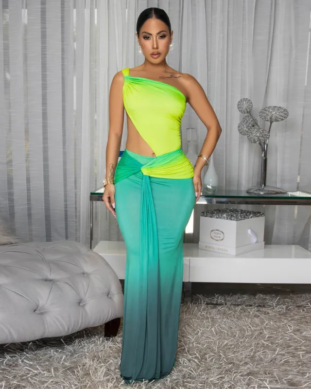 Sunia Green Lime Multi-Color Ruched Cut-Out Maxi Dress sold by Chic Couture