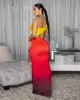 Sunia Red Yellow Ombre  Ruched Cut-Out Maxi Dress sold by Chic Couture