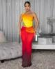 Sunia Red Yellow Ombre  Ruched Cut-Out Maxi Dress sold by Chic Couture