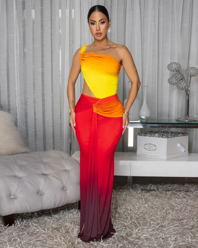 Sunia Red Yellow Ombre  Ruched Cut-Out Maxi Dress sold by Chic Couture