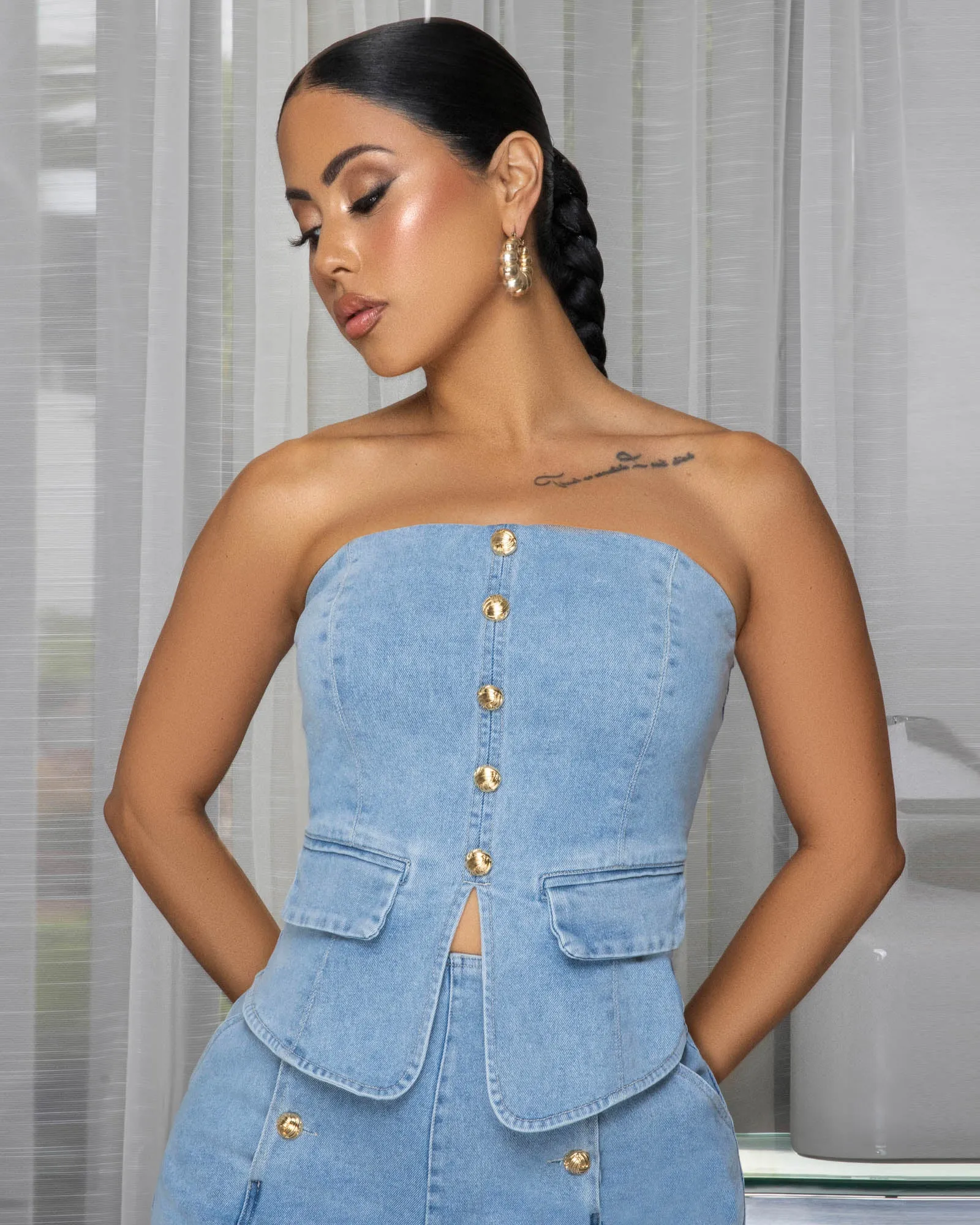 Akai Light Denim Gold Buttons Strapless Top sold by Chic Couture