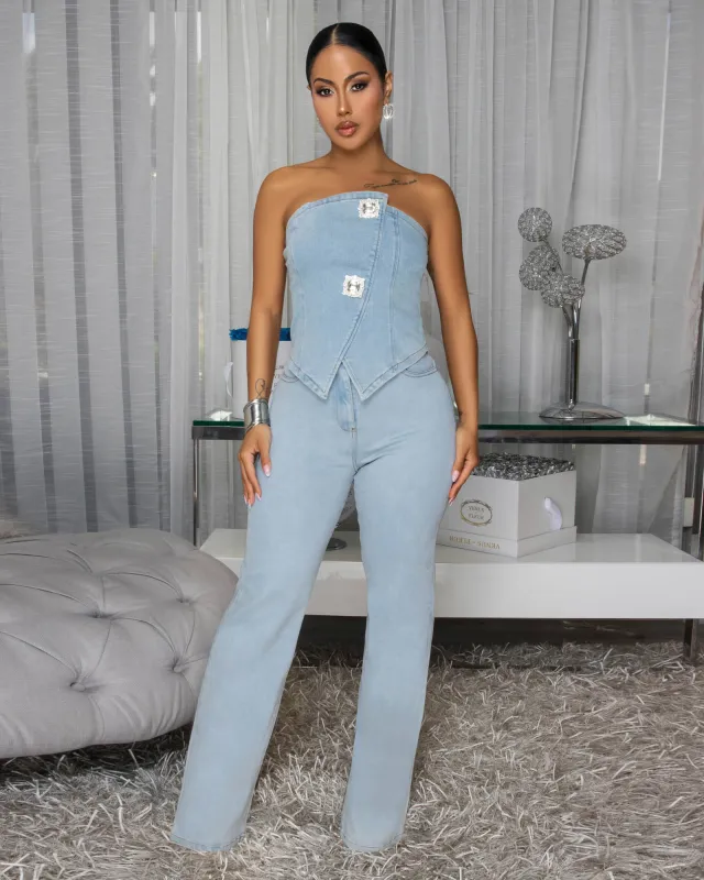 Carra Stonewash Rhinestones Accent Denim Top & Pants Set sold by Chic Couture