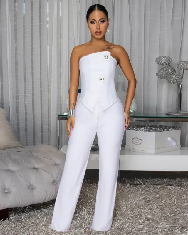 Carra White Rhinestones Accent Denim Top & Pants Set sold by Chic Couture