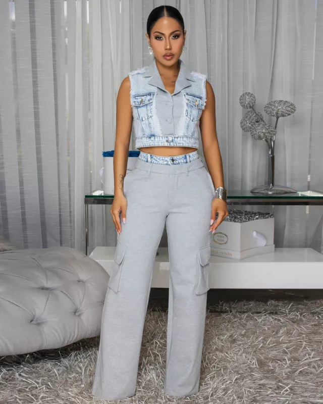 Kelbie Grey Denim Accent Vest & Cargo Pants Set sold by Chic Couture