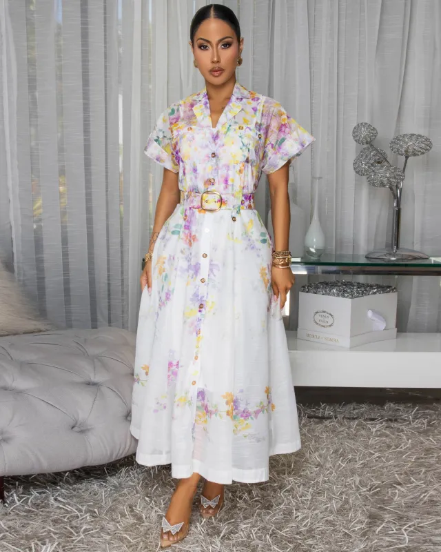 Zaria Off-White Multi-Color Floral Print Belted Maxi Dress sold by Chic Couture