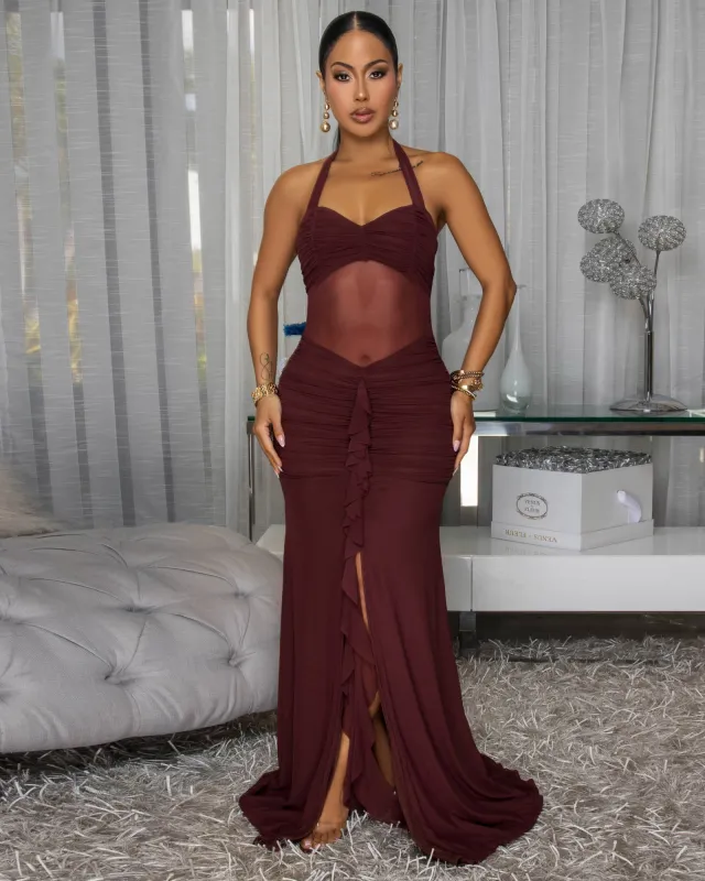 Indianna Chocolate Brown Mesh Halter Maxi Dress sold by Chic Couture
