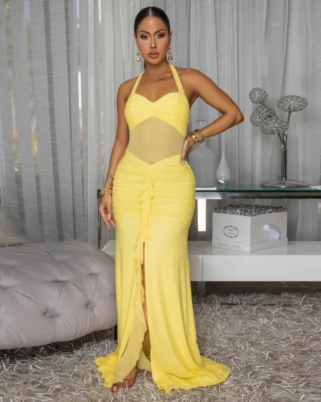 Indianna Light Yellow Mesh Halter Maxi Dress sold by Chic Couture