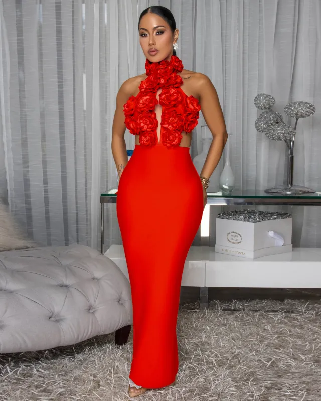 Remi Red 3D Flowers Bandage Maxi Dress (11/28/25) sold by Chic Couture