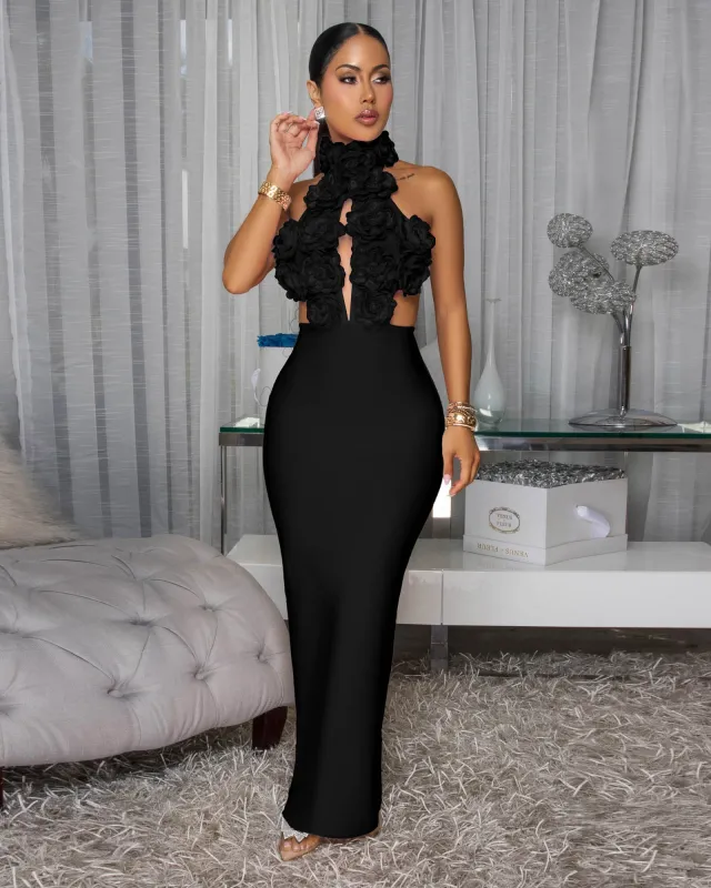Remi Black 3D Flowers Bandage Maxi Dress sold by Chic Couture