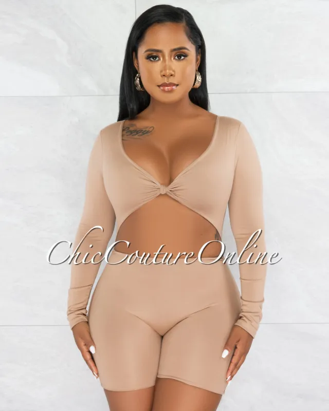 *Ligia Nude Front Knot Cut-Out Double Lined Romper sold by Chic Couture