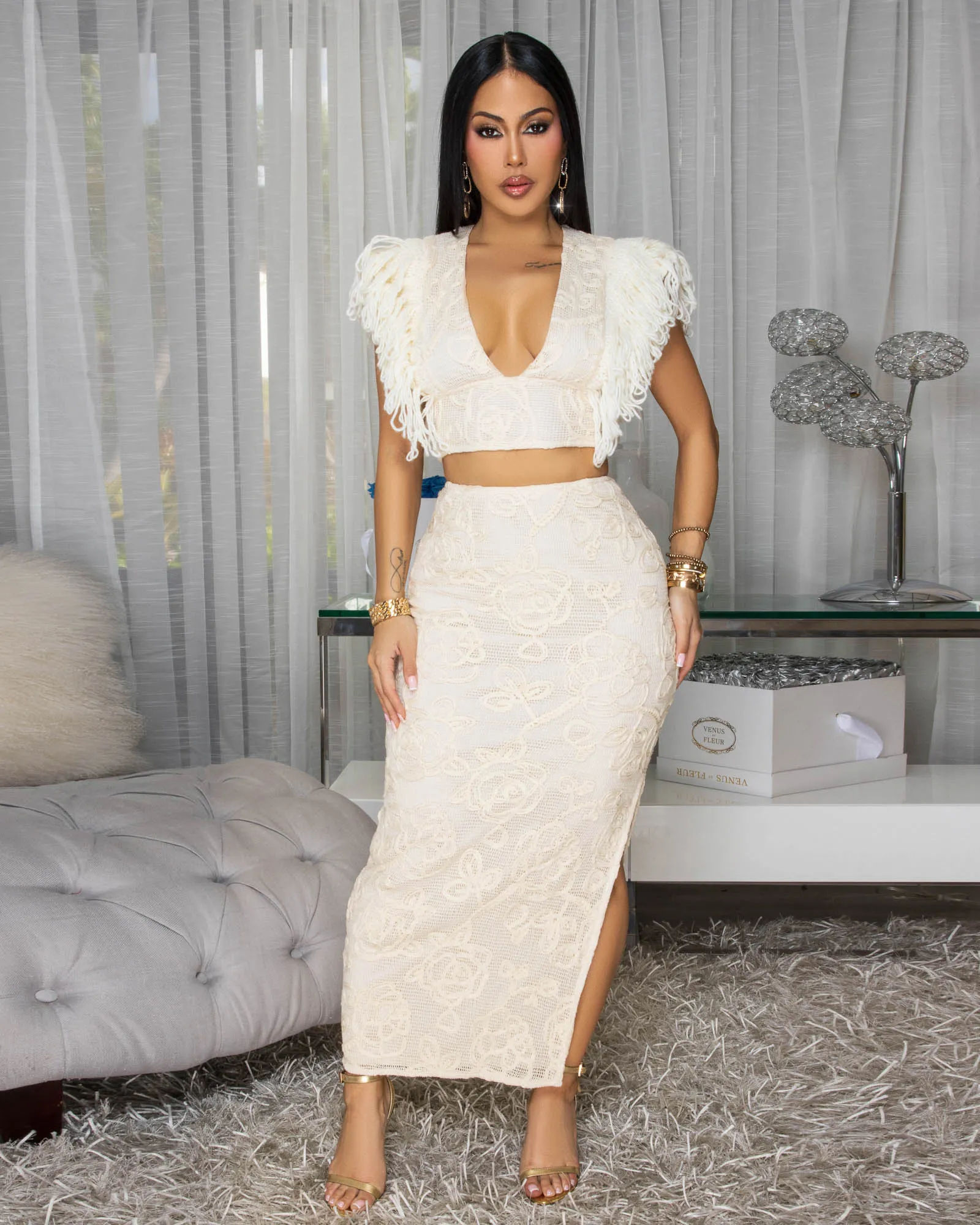 Blake Off-White Beige Crochet Top & Skirt Two Piece Set sold by Chic Couture product image thumbnail 2