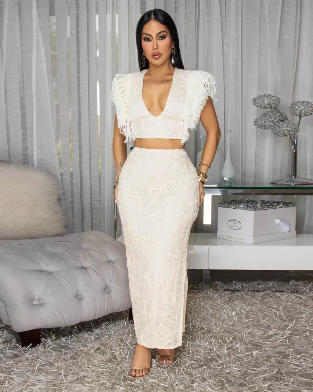 Blake Off-White Beige Crochet Top & Skirt Two Piece Set sold by Chic Couture
