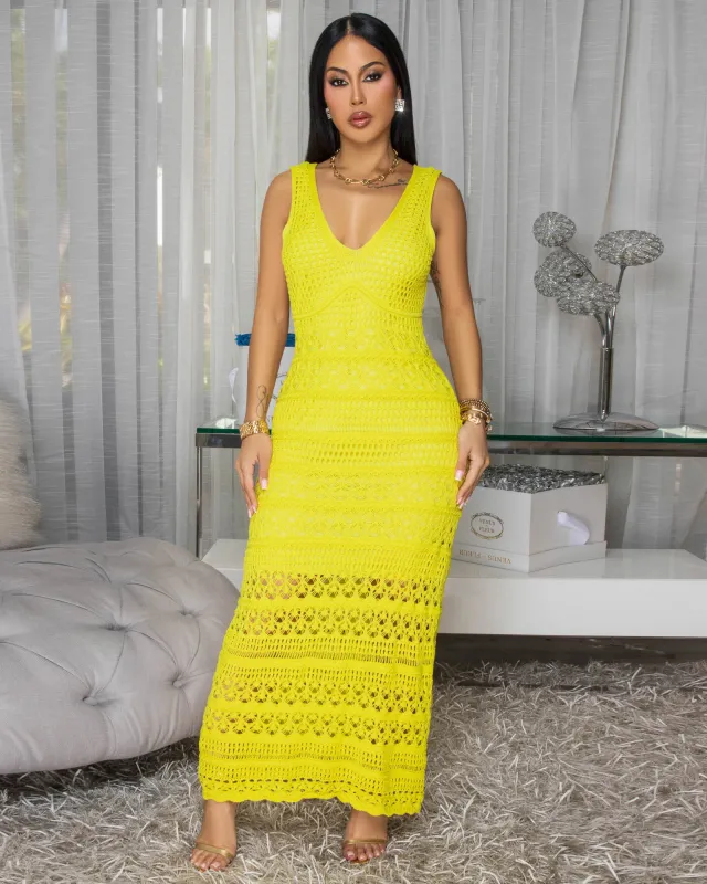Romana Yellow Crochet Maxi Dress sold by Chic Couture