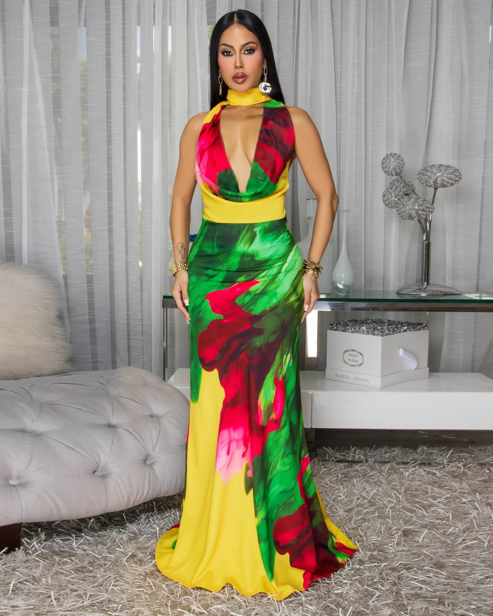 Nylah Yellow Green Bold Multi-Color Halter Maxi Dress sold by Chic Couture