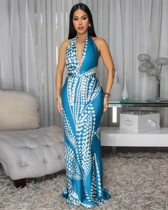 Analia Teal Cream Silky Halter Maxi Dress sold by Chic Couture