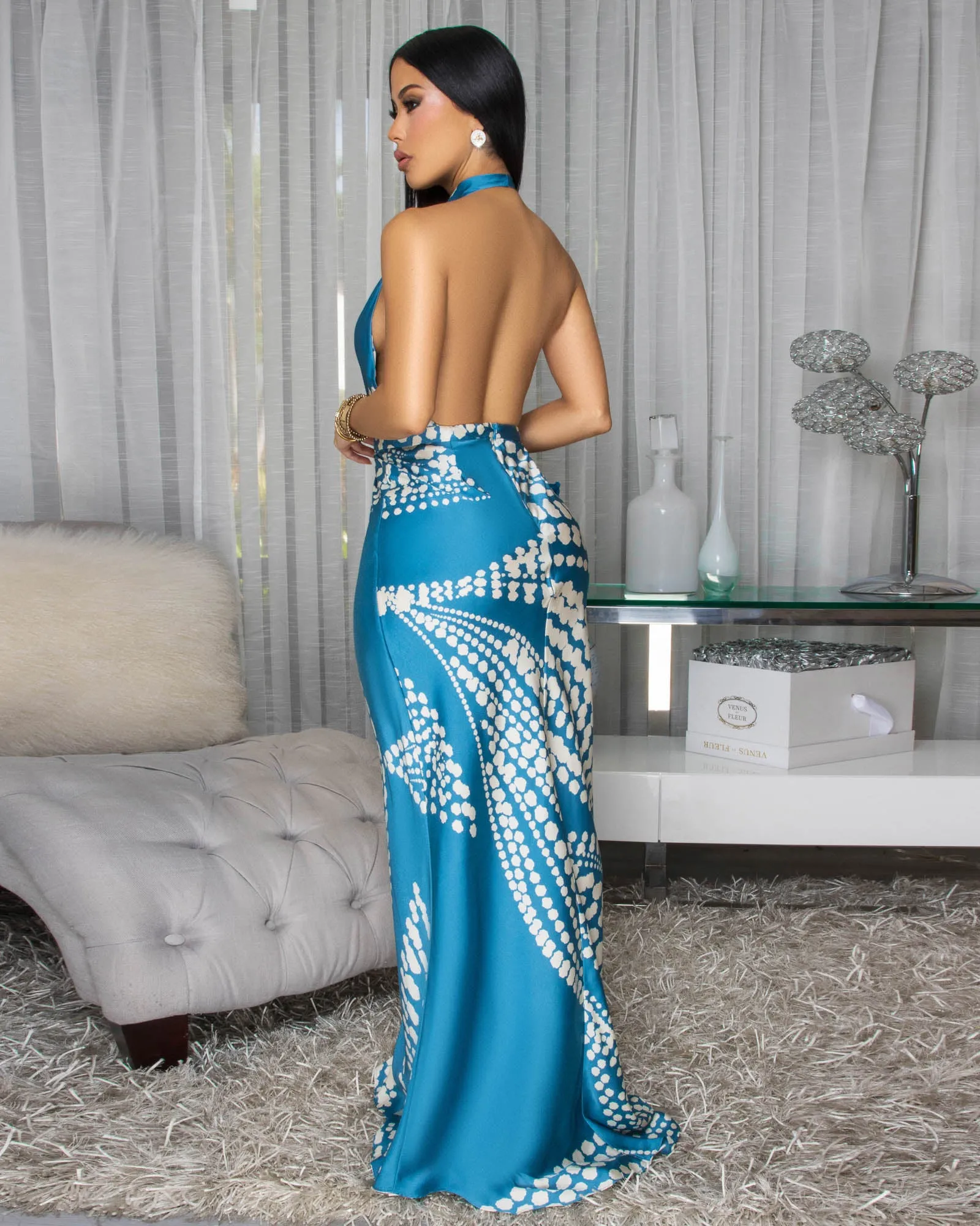 Analia Teal Cream Silky Halter Maxi Dress sold by Chic Couture product image thumbnail 3