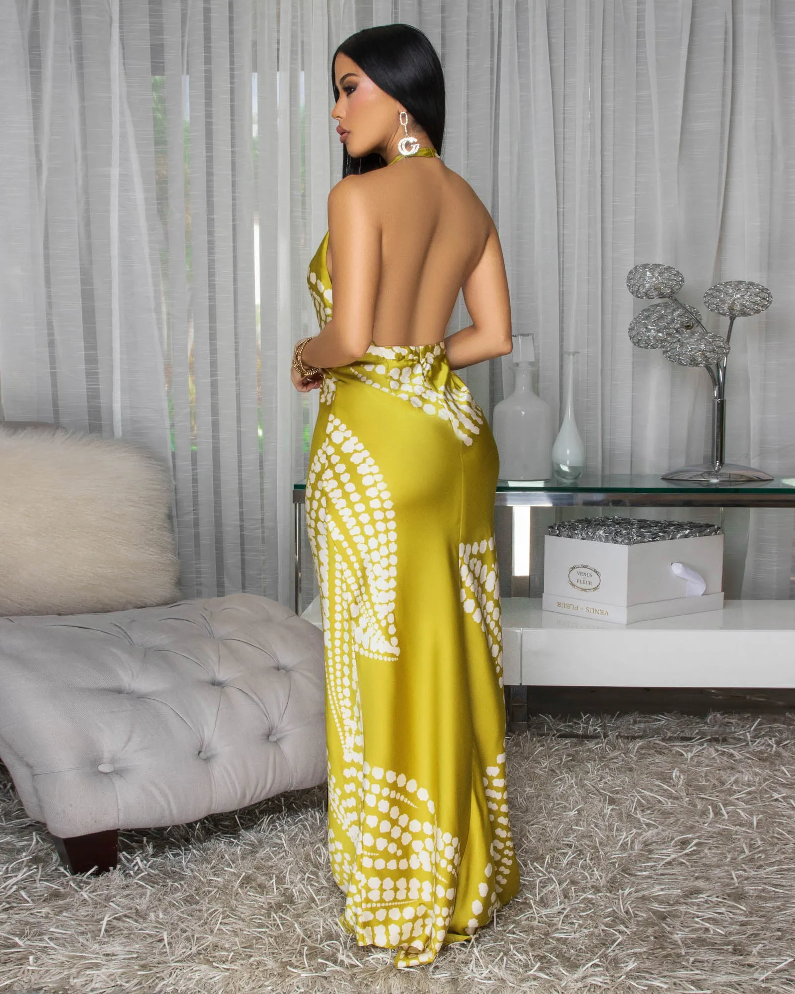Analia Moss Green Cream Silky Halter Maxi Dress sold by Chic Couture product image thumbnail 3