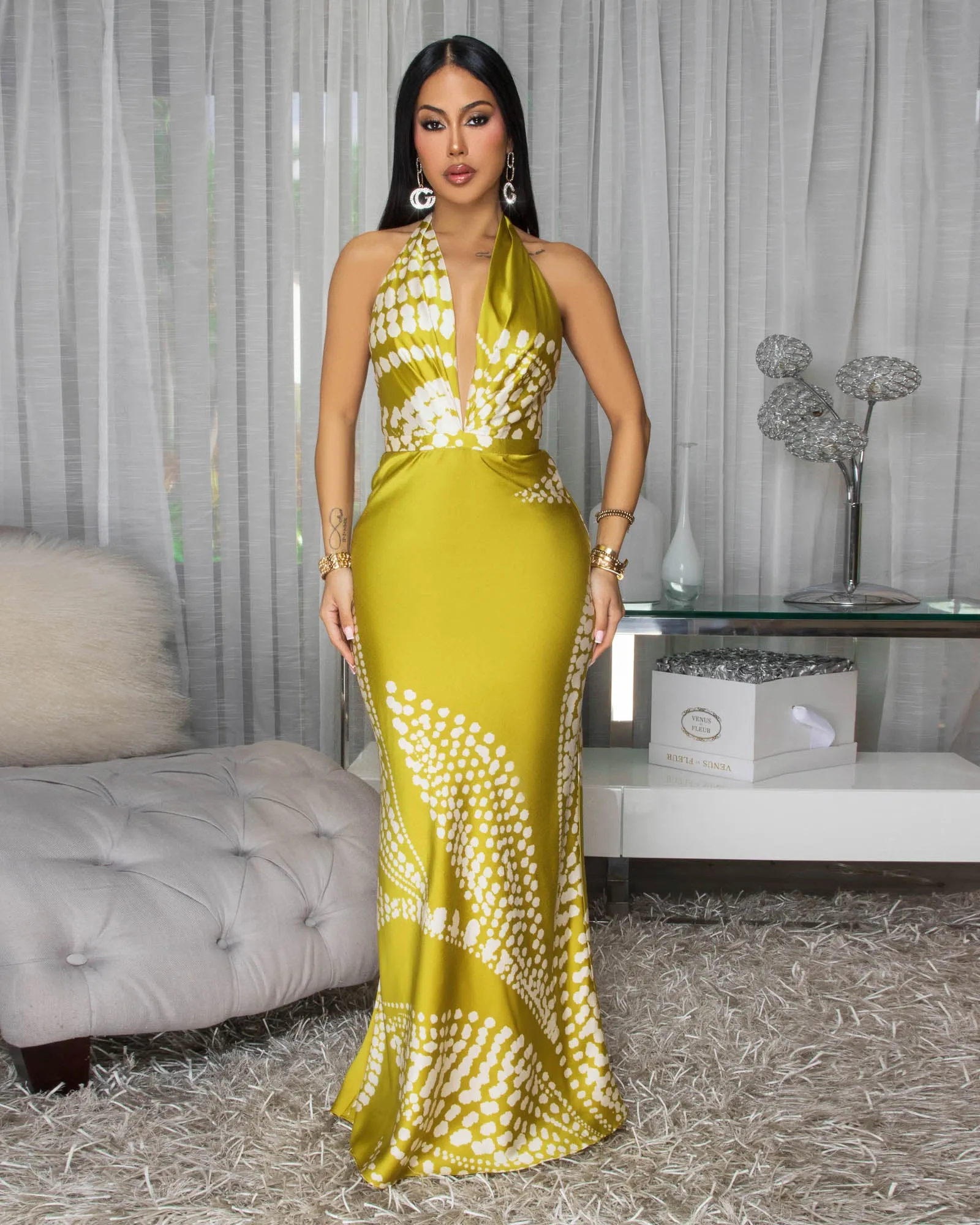 Analia Moss Green Cream Silky Halter Maxi Dress sold by Chic Couture