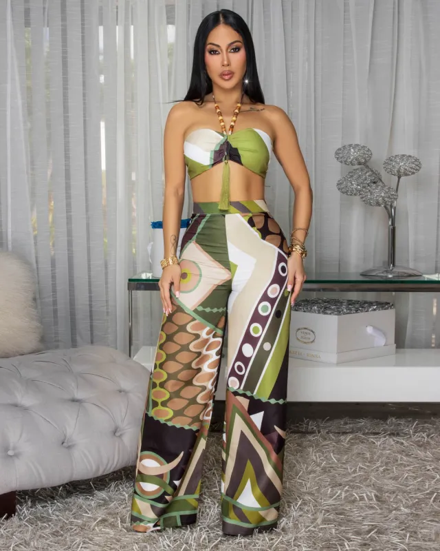 Genne Olive Green Multi-Color Crop Top & Pants Set sold by Chic Couture