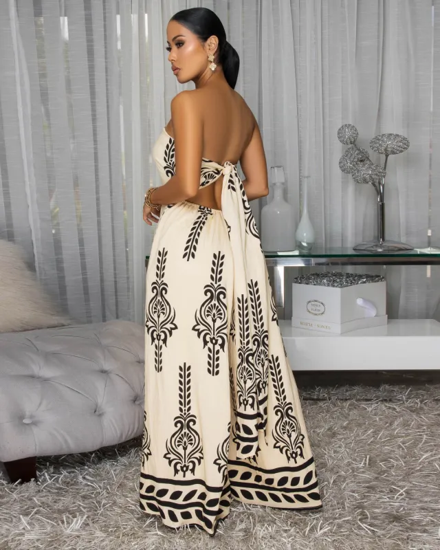 Kiva Beige Black Print Strapless Jumpsuit sold by Chic Couture