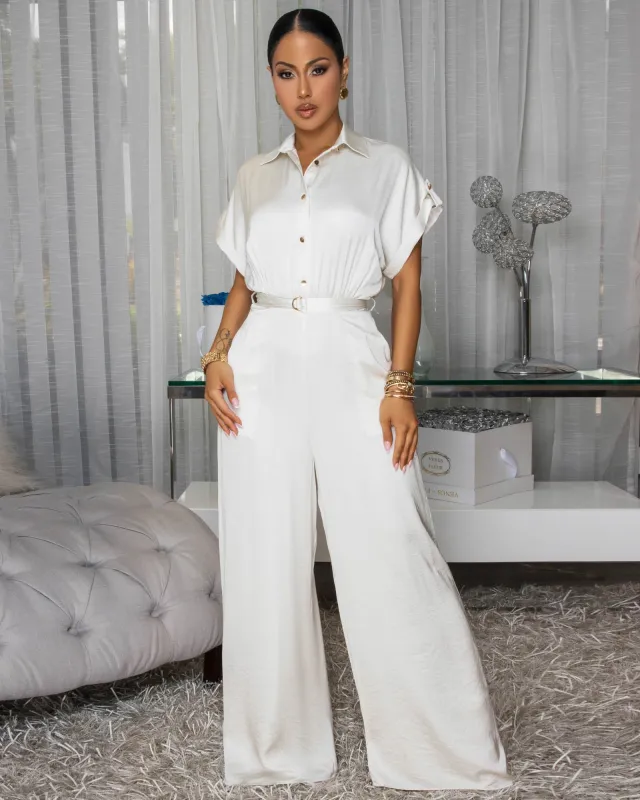 Aireen Ivory Gold Buttons Silky Jumpsuit sold by Chic Couture