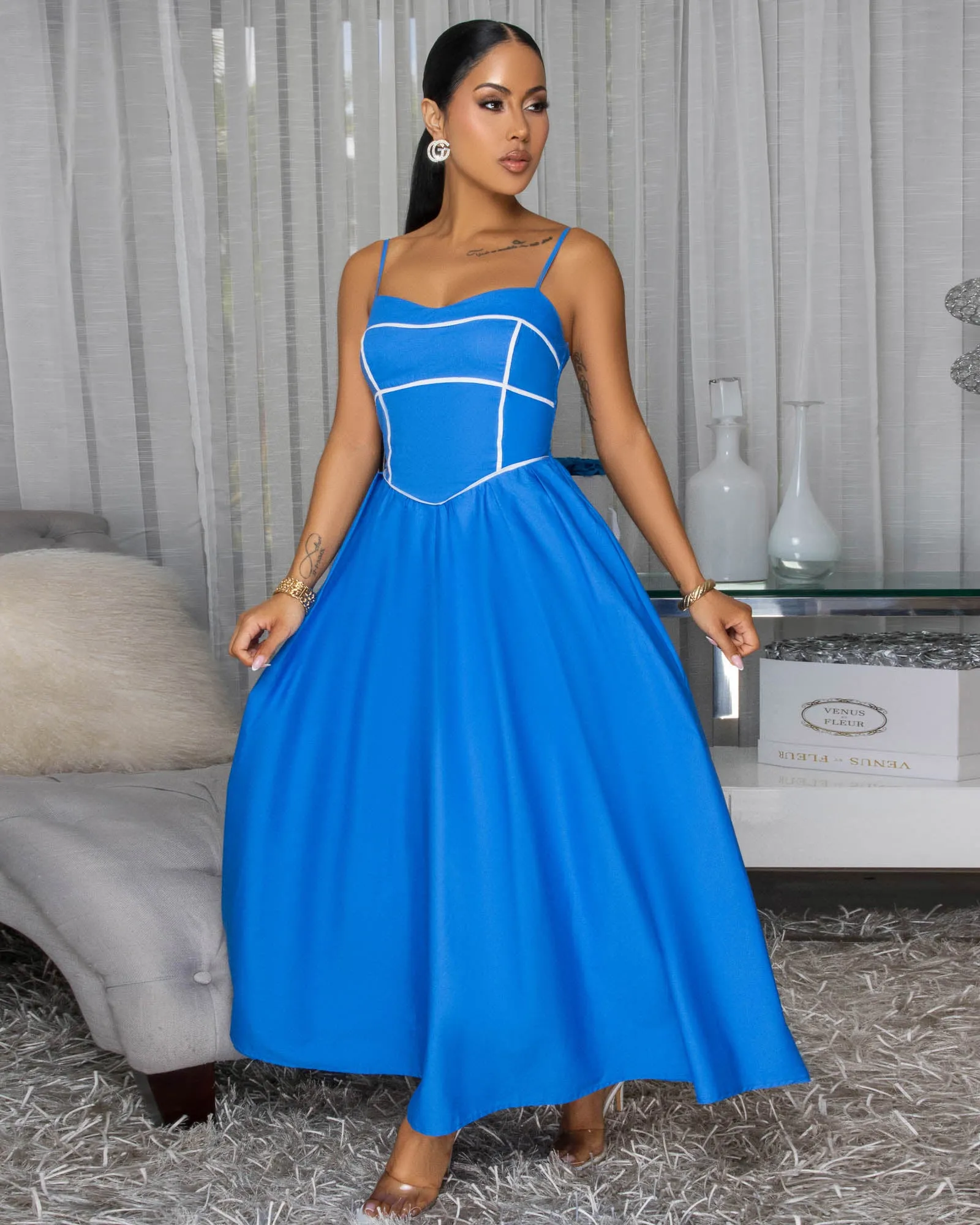 Elvera Blue White Trim Maxi Dress sold by Chic Couture product image thumbnail 3